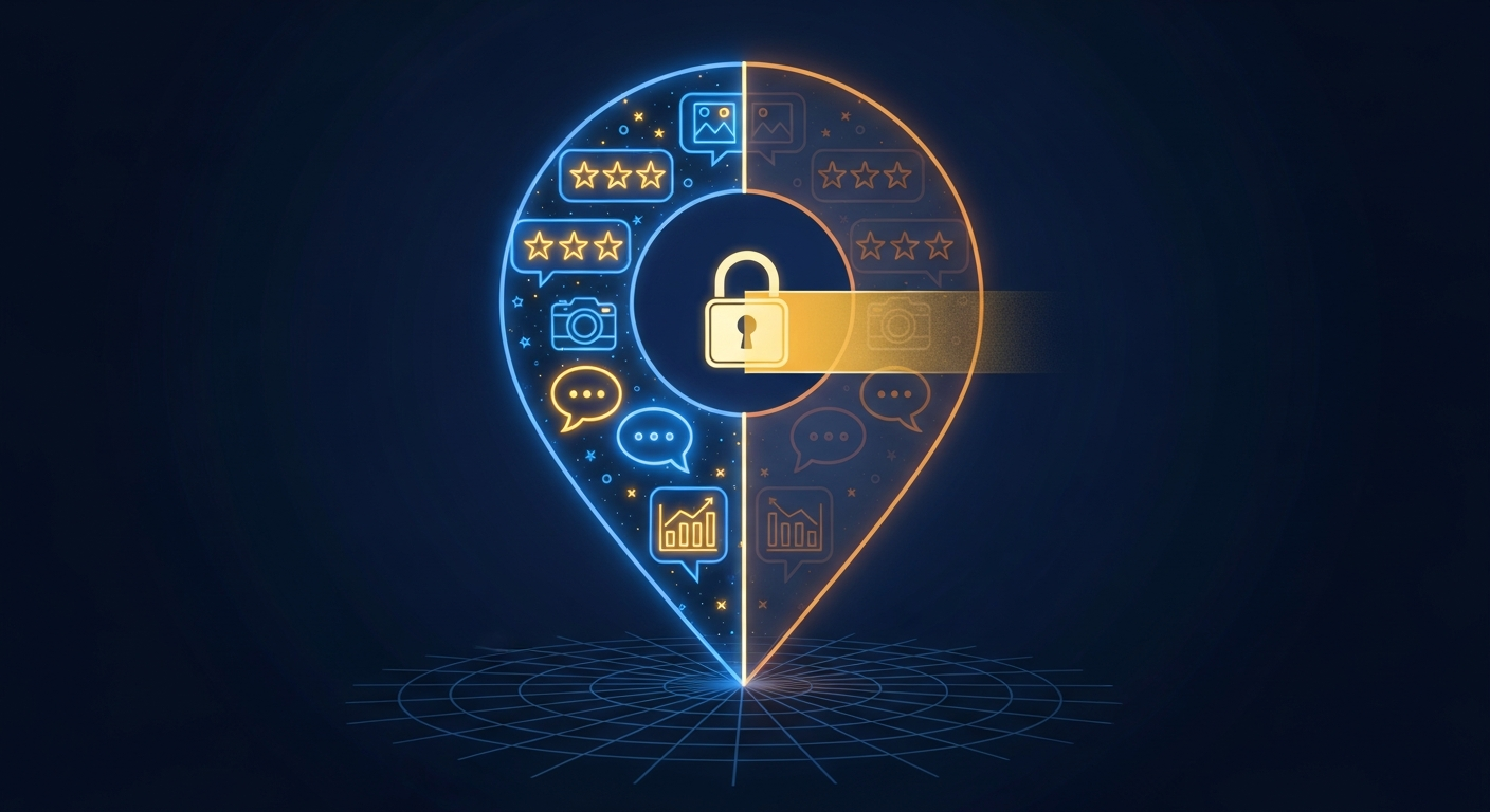 Illustration of a Google Maps pin split into a visible public side and a locked signed-in side, showing how the limited view hides reviews and photos