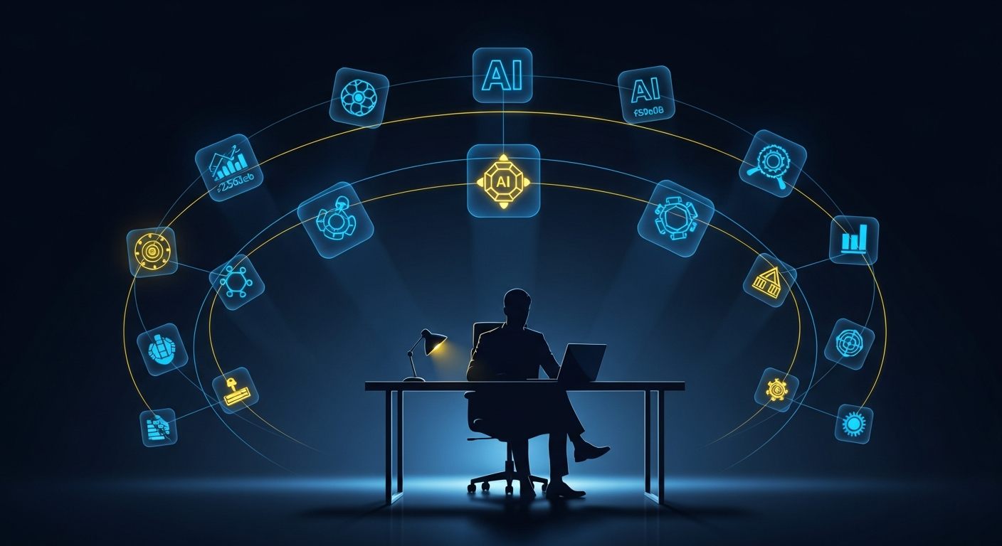 Zoom Solopreneur 50 AI stack teardown hero — solo operator dashboard showing the 7-tool starter stack across 12 industries with cost-per-outcome math